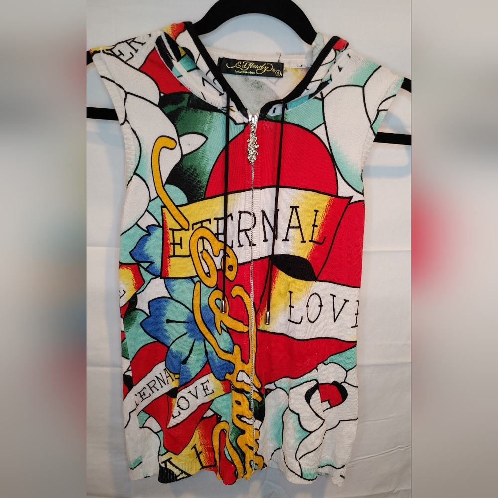 Ed Hardy by Christian Audiger Vintage Sleeveless Knit Zip-Up Hoodie Size S